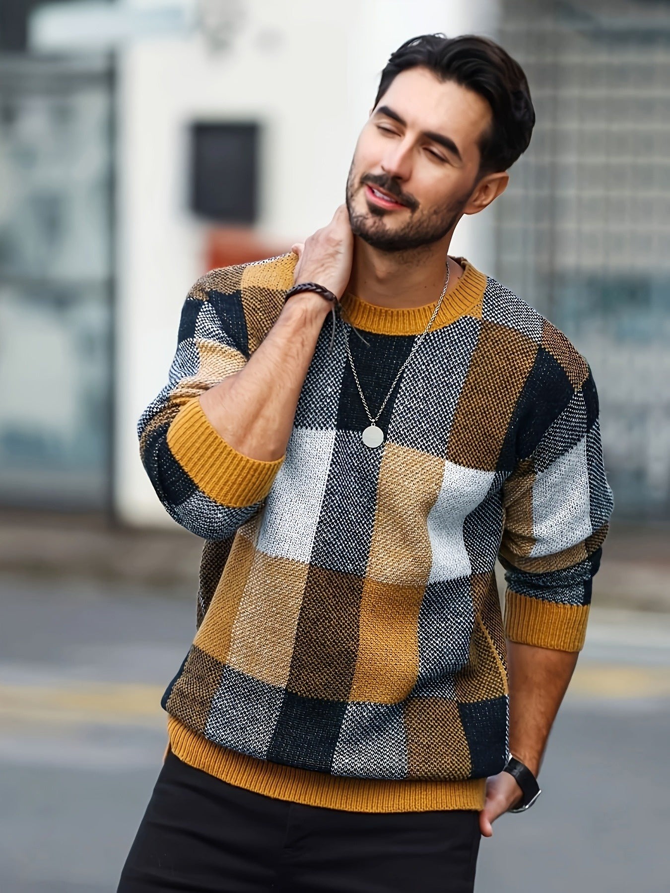 Men's Checkered Crew Neck Sweater