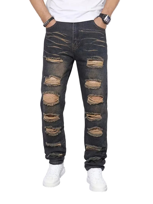 Men's Straight-Leg Pants with Stacked Frayed Openings