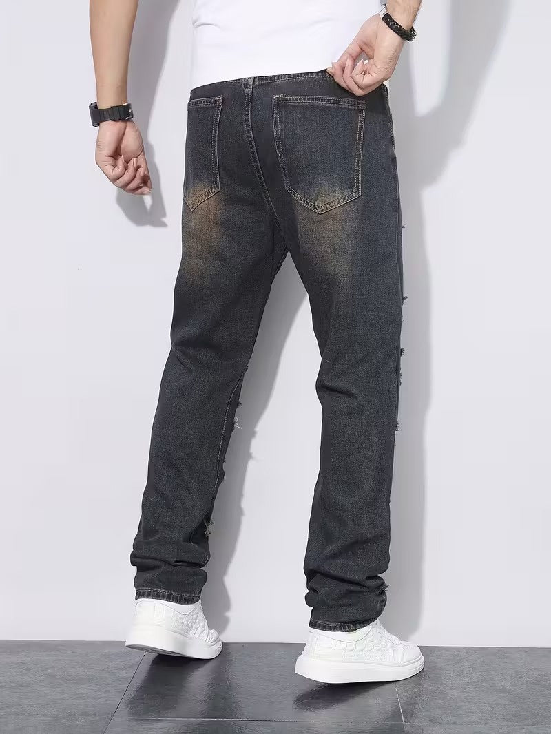 Men's Straight-Leg Pants with Stacked Frayed Openings