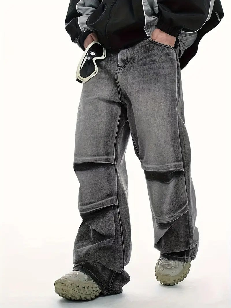 Men's Wide-Leg Pants with Faded Finish