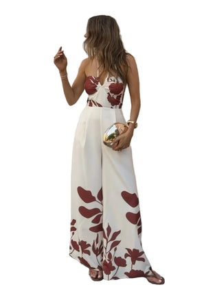 Women's Leaf Print Halter Wide-Leg Jumpsuit